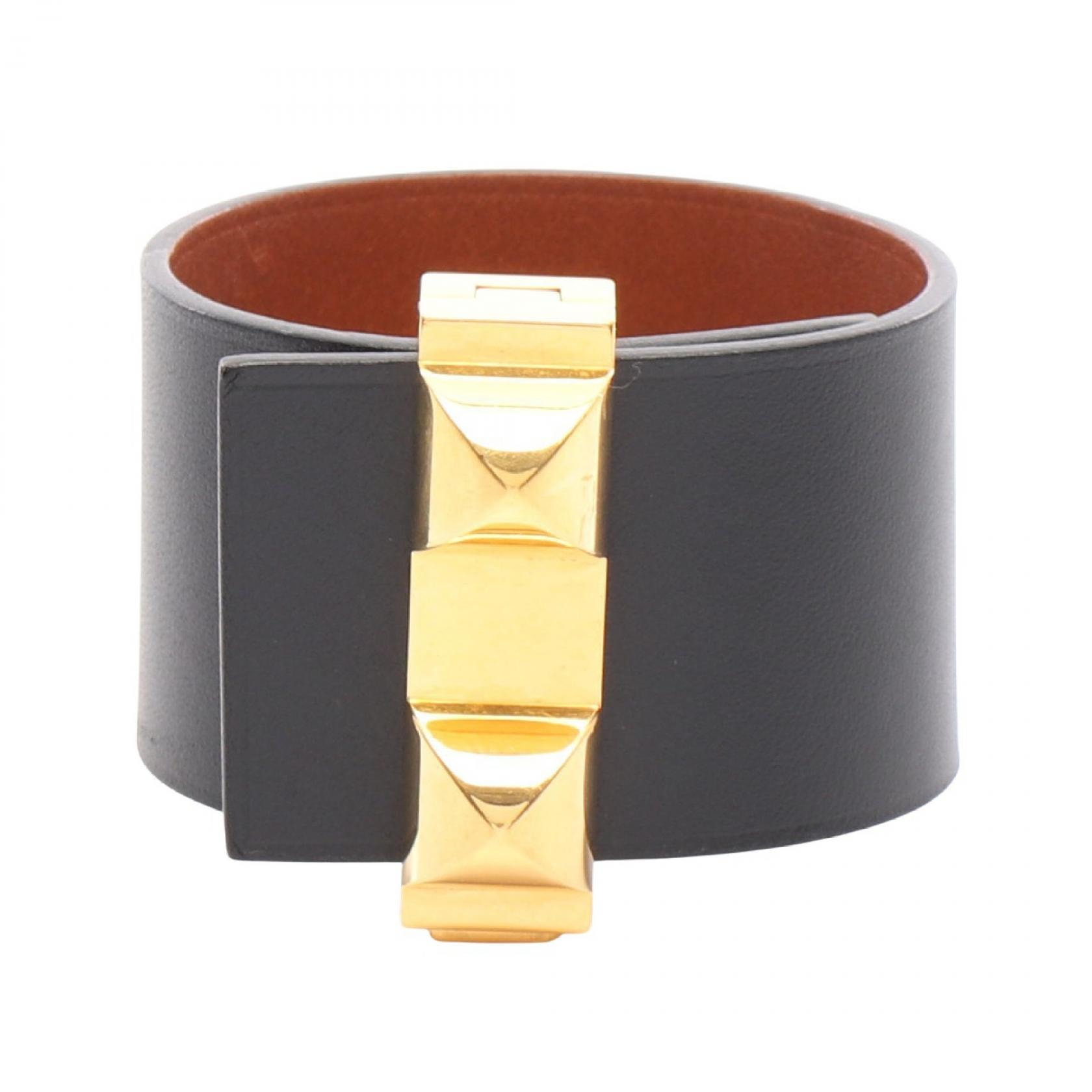 エルメス HERMES コリエドシアン バングル アクセサリー GP(ゴールドメッキ) レザー ヴォースイフト ゴールド レディース ブラック系 / ゴールド系 【中古】