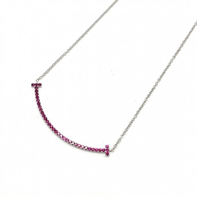 TIFFANY&Co. ティファニー ネックレス Tスマイル スモール ペンダント ジュエリー アジャスター付き 18金WG 750 アクセサリー K18ホワイトゴールド ピンクサファイア シルバー ピンク レディース 約1.5g【中古品】