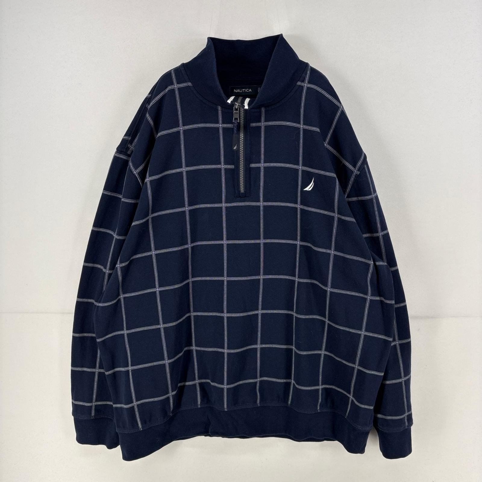古着 ノーティカ NAUTICA スウェット ハーフジップ ロゴ トレーナー 大きいサイズ 2XL  ネイビー チェック メンズ