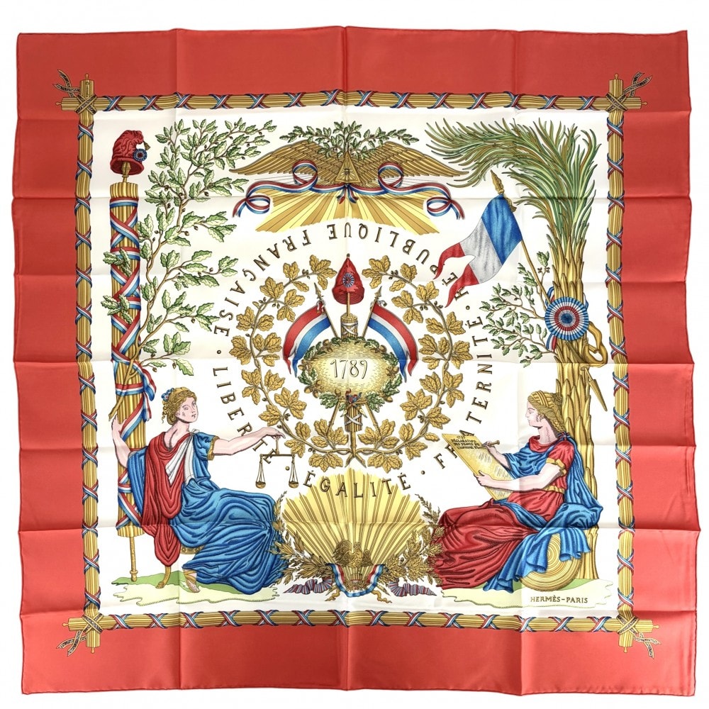 HERMES エルメス スカーフ カレ90 1789 LIBERTE EGALITE FRATERNITE REPUBLIQ 1789年フランス革命を記念して 大判 ファッションアイテム シルク    オレンジ マルチカラー レディース 美品【中古品】