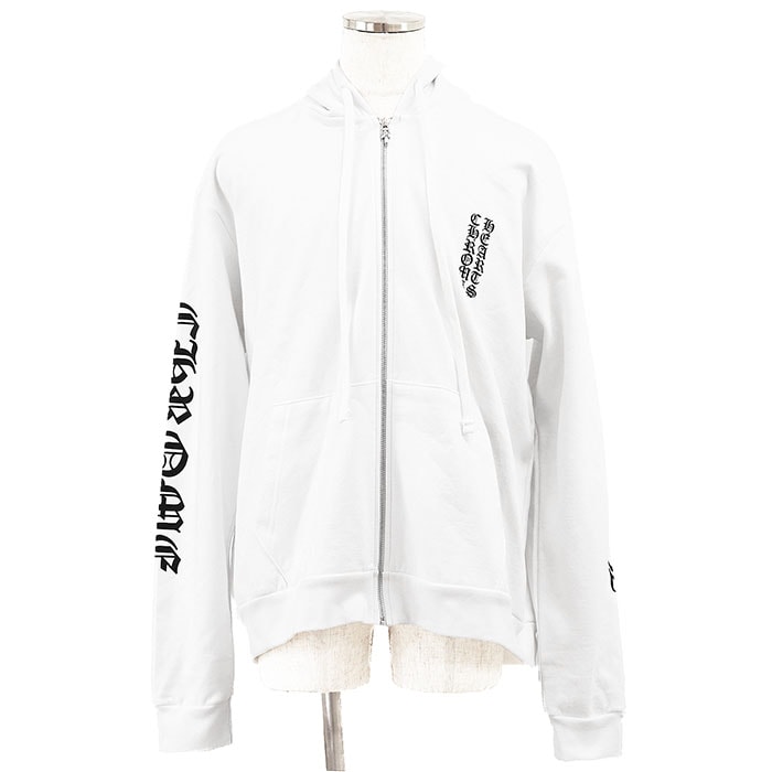 【美品】CHROME HEARTS クロムハーツ パーカー ジップアップ ダガー サイズ LARGE メンズ ロゴ アームロゴ プリント スウェット コットン100% トップス ホワイト 白 米国製