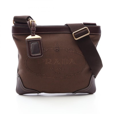 プラダ PRADA LOGO JACQUARD ロゴジャガード ショルダーバッグ バッグ キャンバス レザー レディース ブラウン系 【中古】