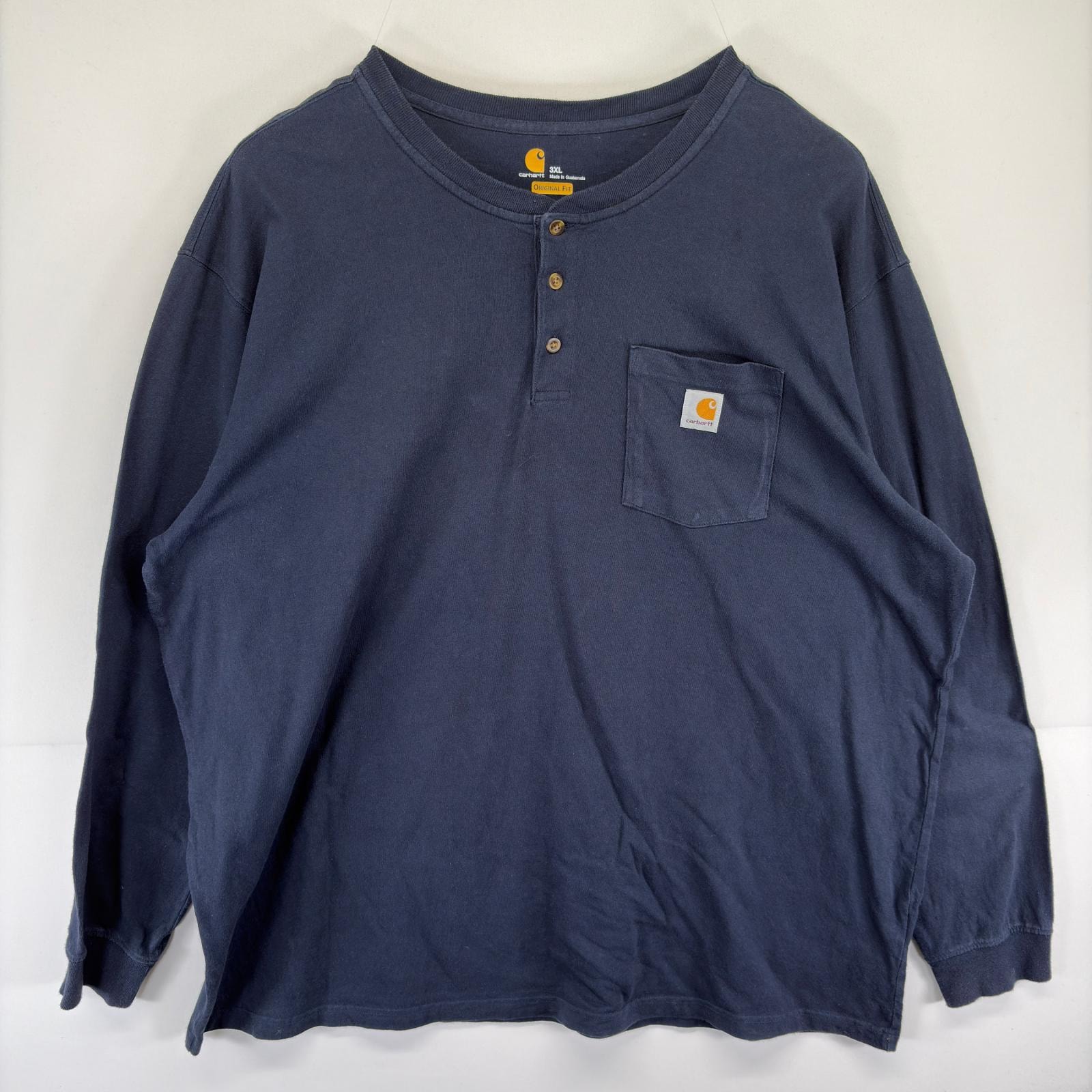 古着 カーハート Carhartt 長袖Tシャツ ワンポイント 大きいサイズ 胸ポケット ヘンリーネック 3XL  ネイビー系 メンズ