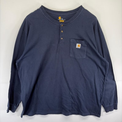 古着 カーハート Carhartt 長袖Tシャツ ワンポイント 大きいサイズ 胸ポケット ヘンリーネック 3XL ネイビー系 メンズ
