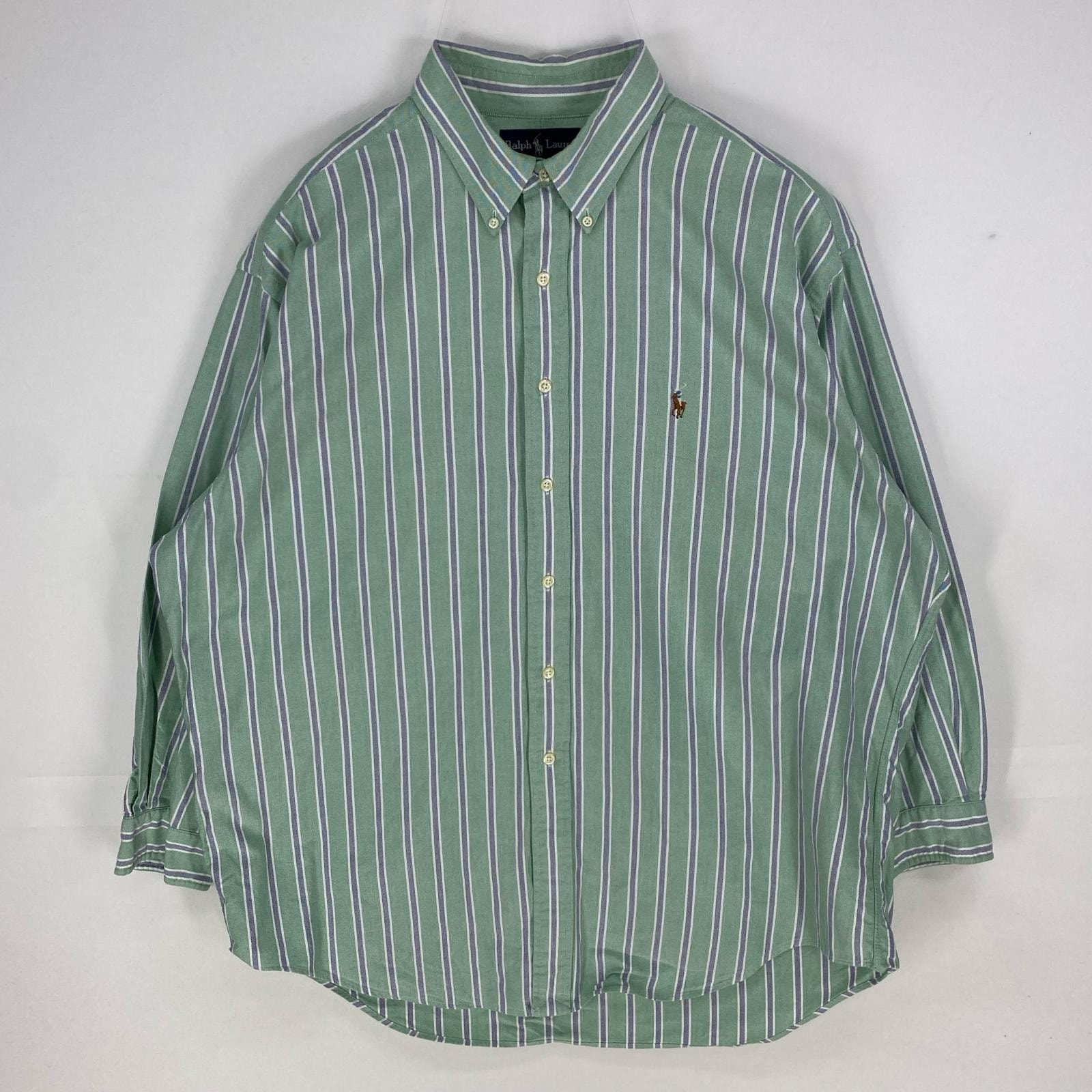 古着 ラルフローレン RALPH LAUREN 長袖シャツ ワンポイント YARMOUTH ボタンダウン ロングスリーブ XL グリーン系 ストライプ メンズ