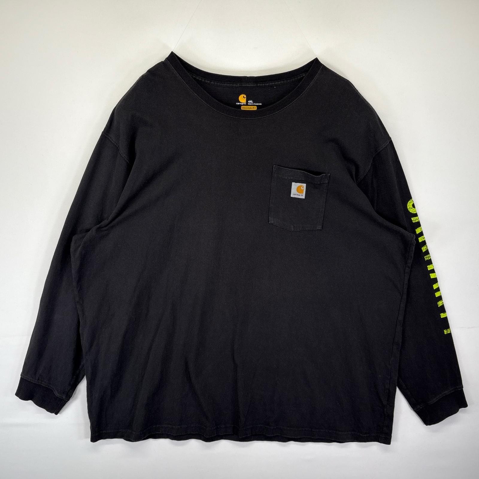 古着 カーハート Carhartt 長袖Tシャツ ロンT ワンポイントロゴ ポケット 大きいサイズ クルーネック 袖ロゴプリント 14043  ブラック メンズ