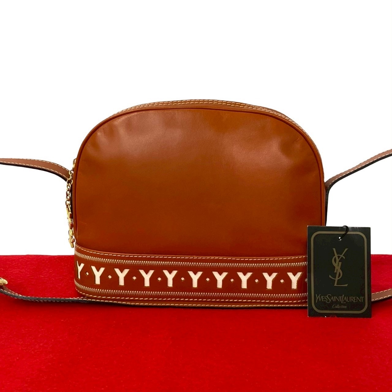 YVES SAINT LAURENT イヴ・サンローラン YSL ロゴ 金具 カットアウト レザー ショルダーバッグ ブラウン
 50343