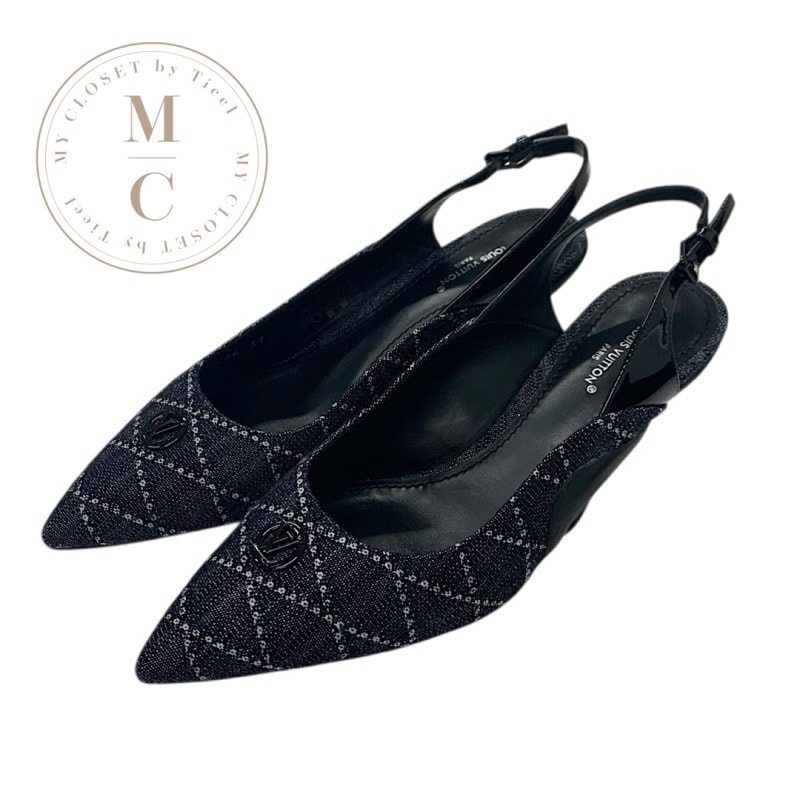 ルイヴィトン LOUIS VUITTON アークライトライン パンプス 靴 シューズ デニム パテント ラバー ネイビー ブラック LVロゴ スリングバック