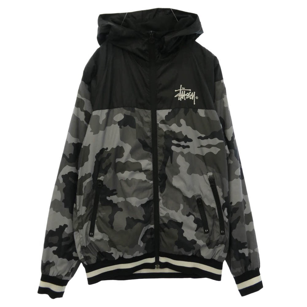 STUSSY ステューシー カモフラージュ 迷彩 柄 ロゴ プリント フーデッド ナイロン ジャケット グレー系 S【中古】