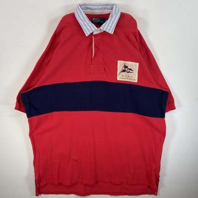 古着 90's/90年代 ポロバイラルフローレン Polo by Ralph Lauren 鹿の子 半袖 ラガーシャツ 大きいサイズ ロゴ 刺繍 YACHT CLUB 2XLT レッド系 ボーダー メンズ