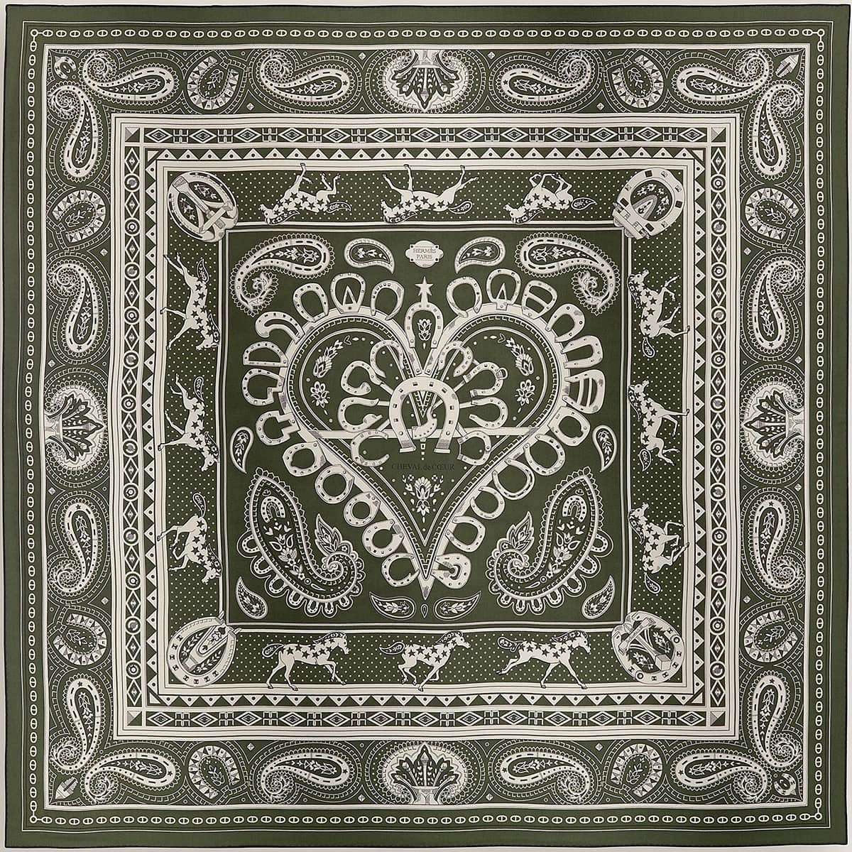 HERMES エルメス スカーフ カレ140 シュヴァル ドゥ クール バンダナ カーキフォンセ/白/黒 カシミヤ/シルク 新品