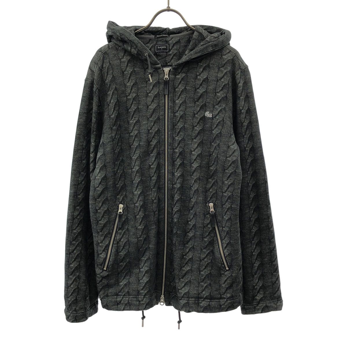 LACOSTE ラコステ 日本製 EDITION LIMITEE 総柄 ロゴワッペン 長袖 コットンニット ジップパーカー 5 グレー