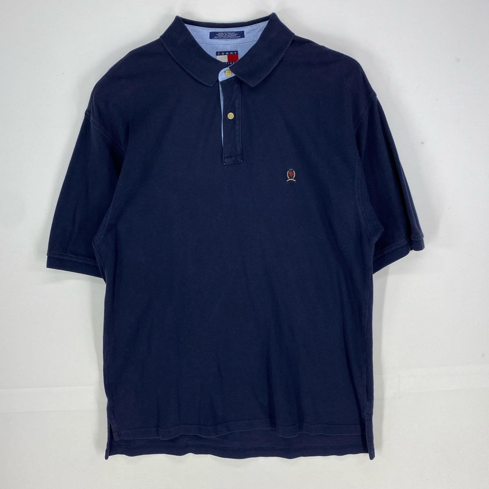 古着 90's/90年代 トミーヒルフィガー TOMMY HILFIGER 鹿の子 半袖シャツ ワンポイント ロゴ刺繍 ポロシャツ 2XL ネイビー系 メンズ