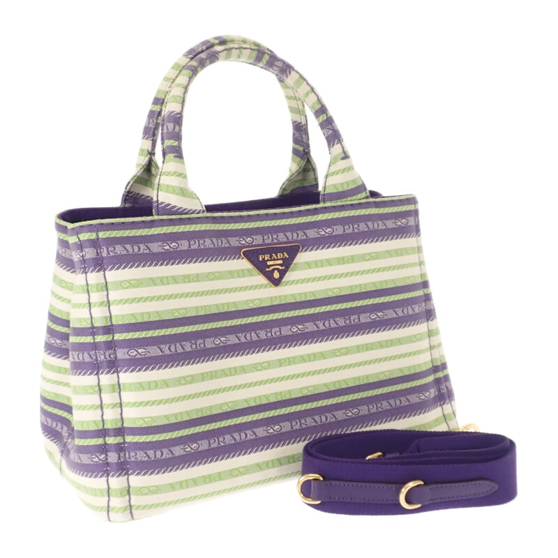 プラダ PRADA カナパトート ボーダー 1BG439 2WAYバッグ ショルダーバッグ キャンバス パープル グリーン ゴールド金具 レディース【中古】【ABランク】