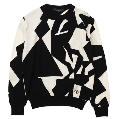 【新品同様】LOUIS VUITTON ルイ・ヴィトン ニット サイズ M メンズ 2023年製 LVロゴ チャーム アブストラクトハウンドトゥース ジオメトリック クルーネック 長袖 ウール100% トップス ブラック ホワイト 黒 白 イタリア製