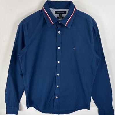 古着 トミーヒルフィガー TOMMY HILFIGER 長袖シャツ ワンポイント 刺繍 ロゴ ボタンシャツ S ネイビー 無地 メンズ