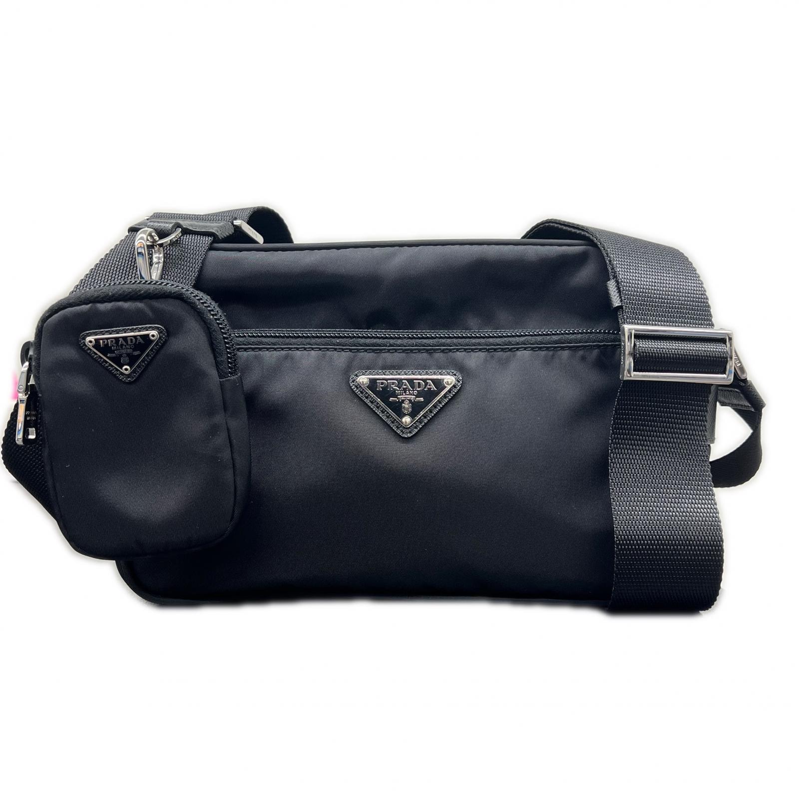 PRADA 極美品 プラダ Re-Nylon サフィアーノレザー リナイロン ショルダーバッグ 1BC167 RFID確認済 ナイロン レザー トライアングルロゴ 三角プレート ロゴプレート ポシェット Aランク 鑑定済 中古