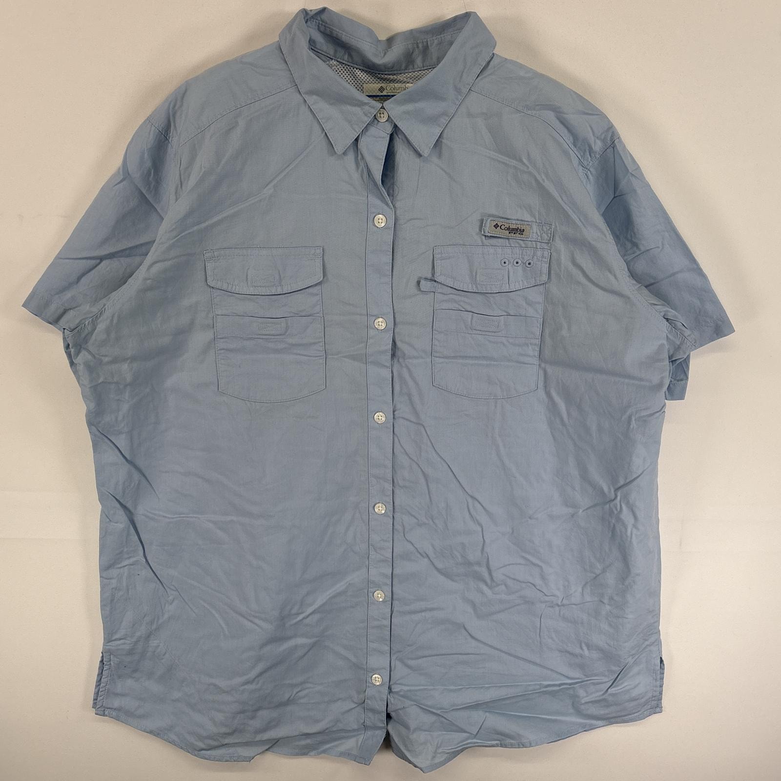 古着 コロンビア Columbia 半袖シャツ PFG ワンポイント ロゴ フラップポケ XL  水色系 無地 レディース