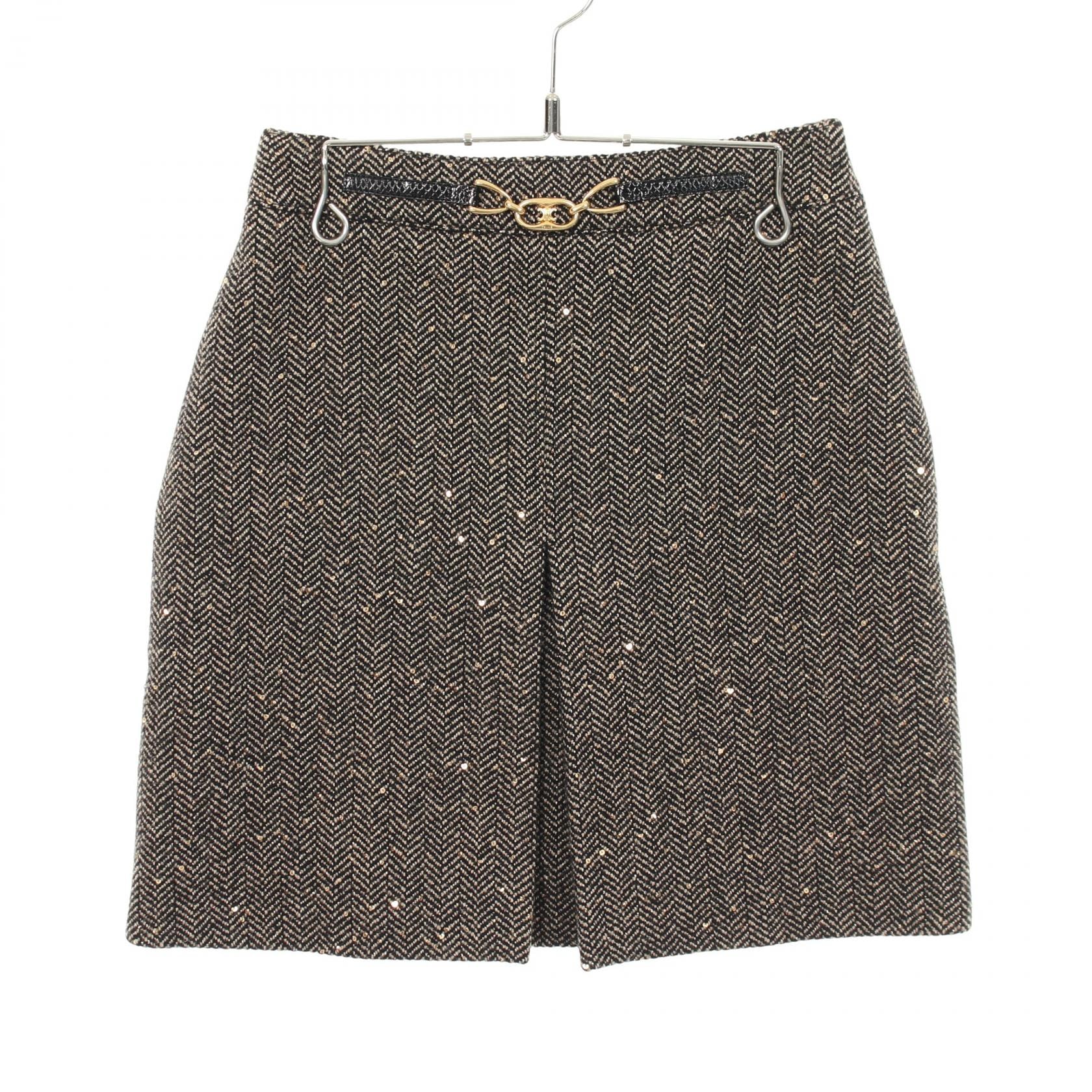 セリーヌ CELINE ヘリンボーンツイード スパンコール付き スカート 衣料品 ボトムス ウール レディース ブラック系 2J121235G 【中古】