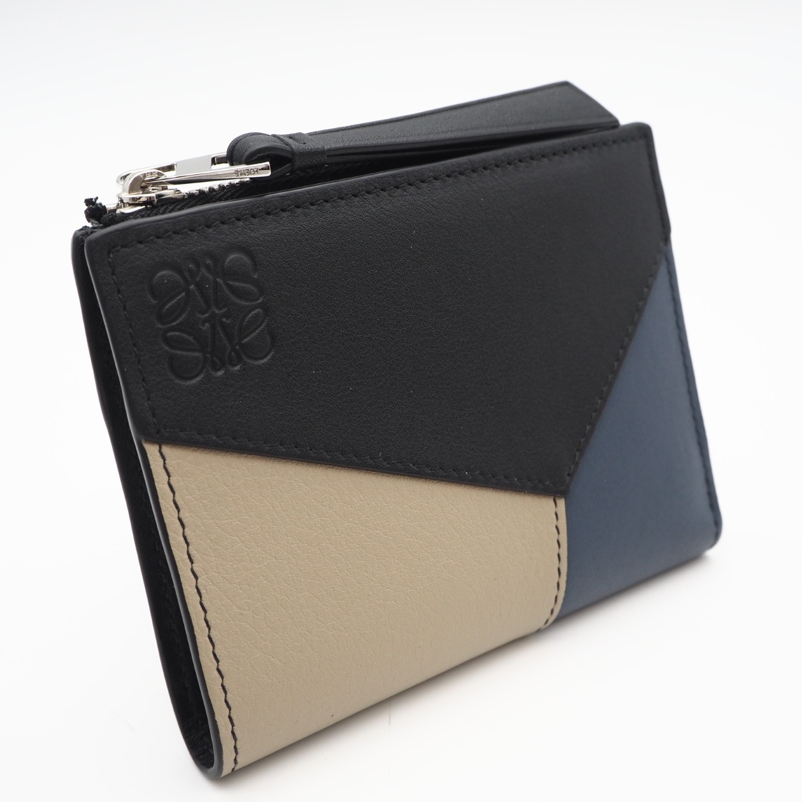 極美品 LOEWE ロエベ パズル コンパクトウォレット C510W73X09 二つ折り財布 ブラック ベージュ ネイビー カーフレザー メンズ