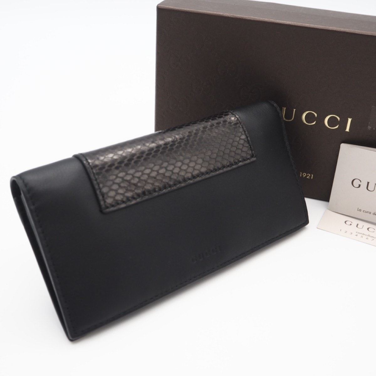 未使用 GUCCI グッチ レザー パイソン 二つ折り長財布 386836 長財布 ブラック レザー パイソン メンズ
