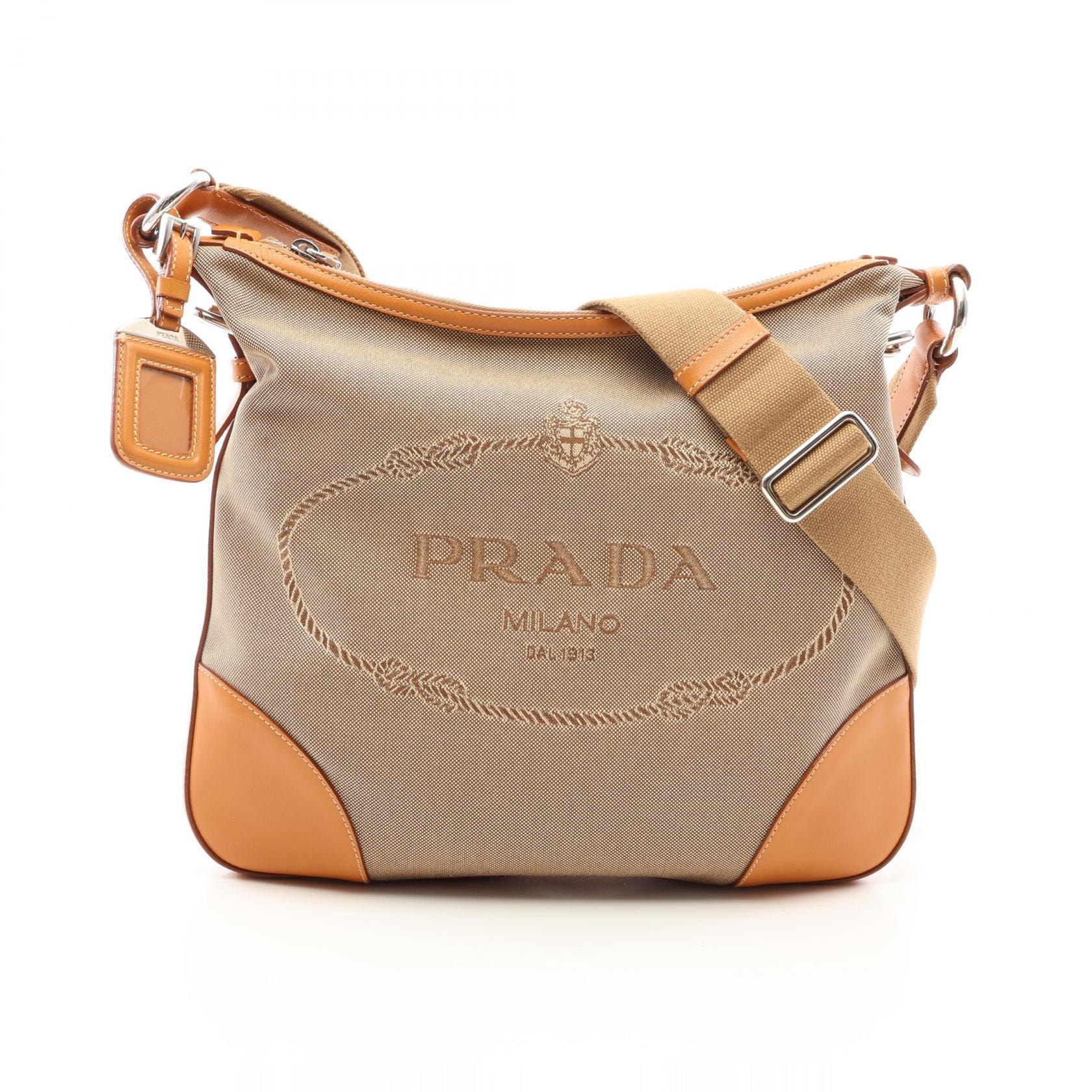 プラダ PRADA LOGO JACQUARD ロゴジャガード ショルダーバッグ バッグ キャンバス レザー レディース ベージュ系 【中古】