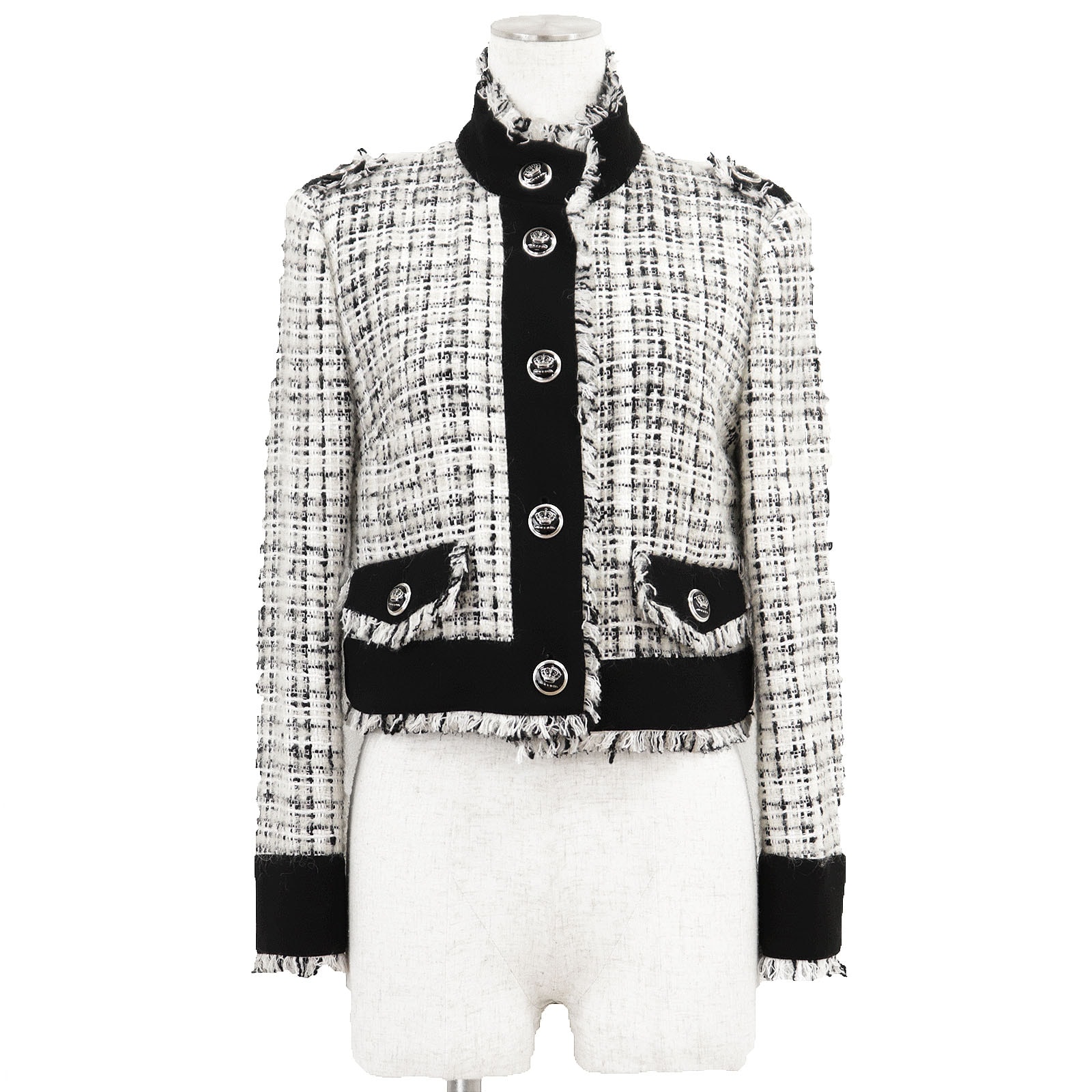 【新品同様】DOLCE&GABBANA ドルチェアンドガッバーナ ジャケット ブークレツイード x クレープ サイズ 38 レディース  アルパカ/モヘア混 クラウン 王冠 ボタン メッシュライニング フリンジ アウター ホワイト ブラック 黒 白 イタリア製