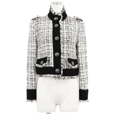 【新品同様】DOLCE&GABBANA ドルチェアンドガッバーナ ジャケット ブークレツイード x クレープ サイズ 38 レディース アルパカ/モヘア混 クラウン 王冠 ボタン メッシュライニング フリンジ アウター ホワイト ブラック 黒 白 イタリア製