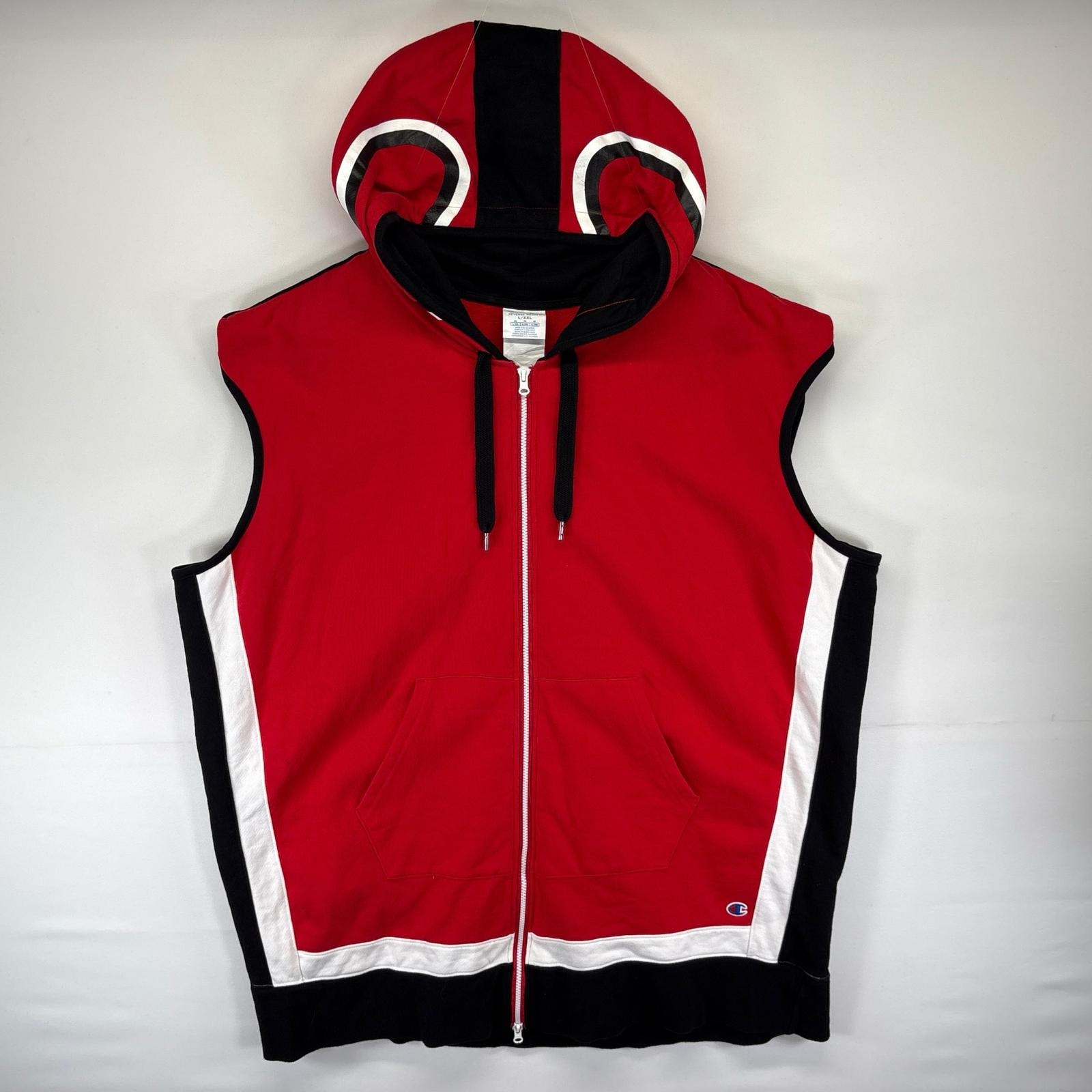 古着 チャンピオン Champion スウェット リバースウィーブ ベスト パーカー 3段ロゴ フルジップ 大きいサイズ L/XXL  レッド系 メンズ