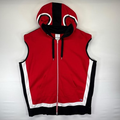 古着 チャンピオン Champion スウェット リバースウィーブ ベスト パーカー 3段ロゴ フルジップ 大きいサイズ L/XXL レッド系 メンズ