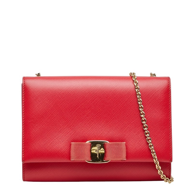 サルヴァトーレフェラガモ ヴァラリボン チェーンショルダーバッグ AU21/B558 レッド レザー レディース Salvatore Ferragamo 【中古】