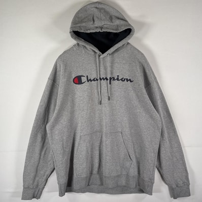 古着 チャンピオン Champion パーカー スウェット 大きいサイズ プルオーバー フーディ ビッグロゴプリント 2XL グレー メンズ