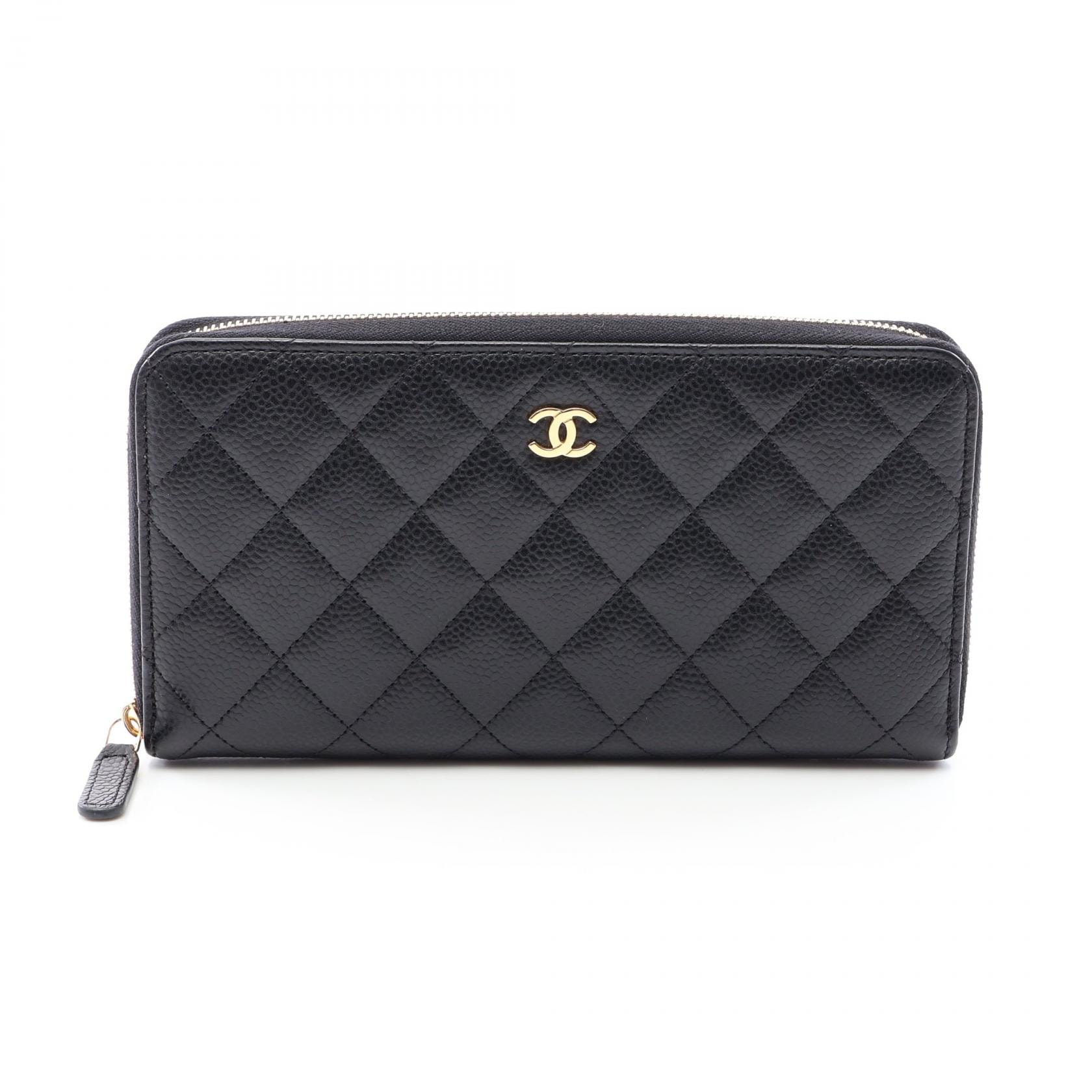 シャネル CHANEL クラシック ロング ジップ ウォレット マトラッセ ラウンド長財布 財布 キャビアスキン(グレインドカーフ) レディース ブラック系 【中古】