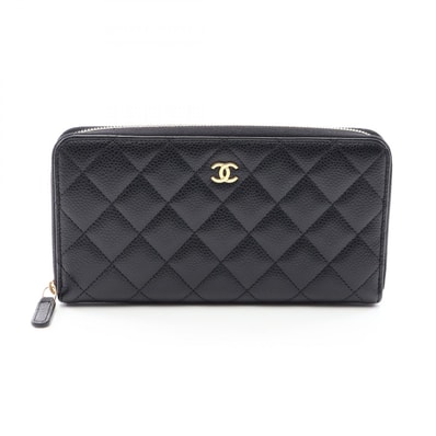 シャネル CHANEL クラシック ロング ジップ ウォレット マトラッセ ラウンド長財布 財布 キャビアスキン(グレインドカーフ) レディース ブラック系 【中古】