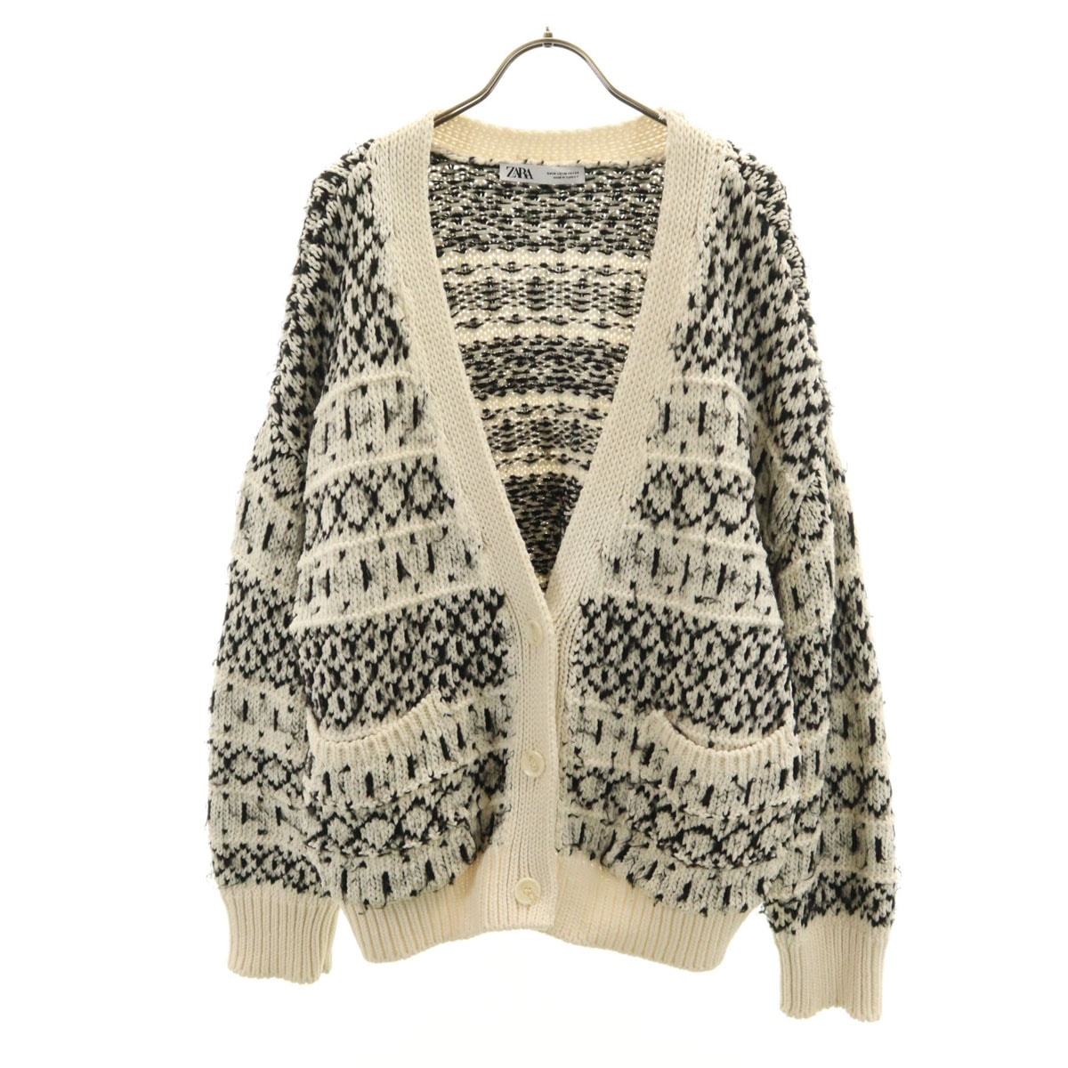 ZARA ザラ 総柄 長袖 Vネック ニットカーディガン M ブラック系
