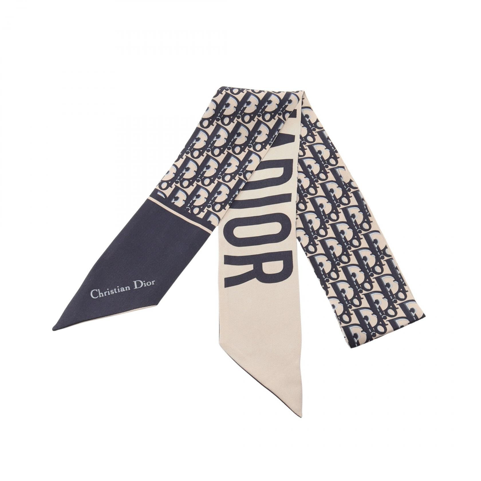 ディオール Dior ミッツァ リボン オブリーク スカーフ 衣料品 シルク レディース ベージュ系 / ネイビー系 【中古】