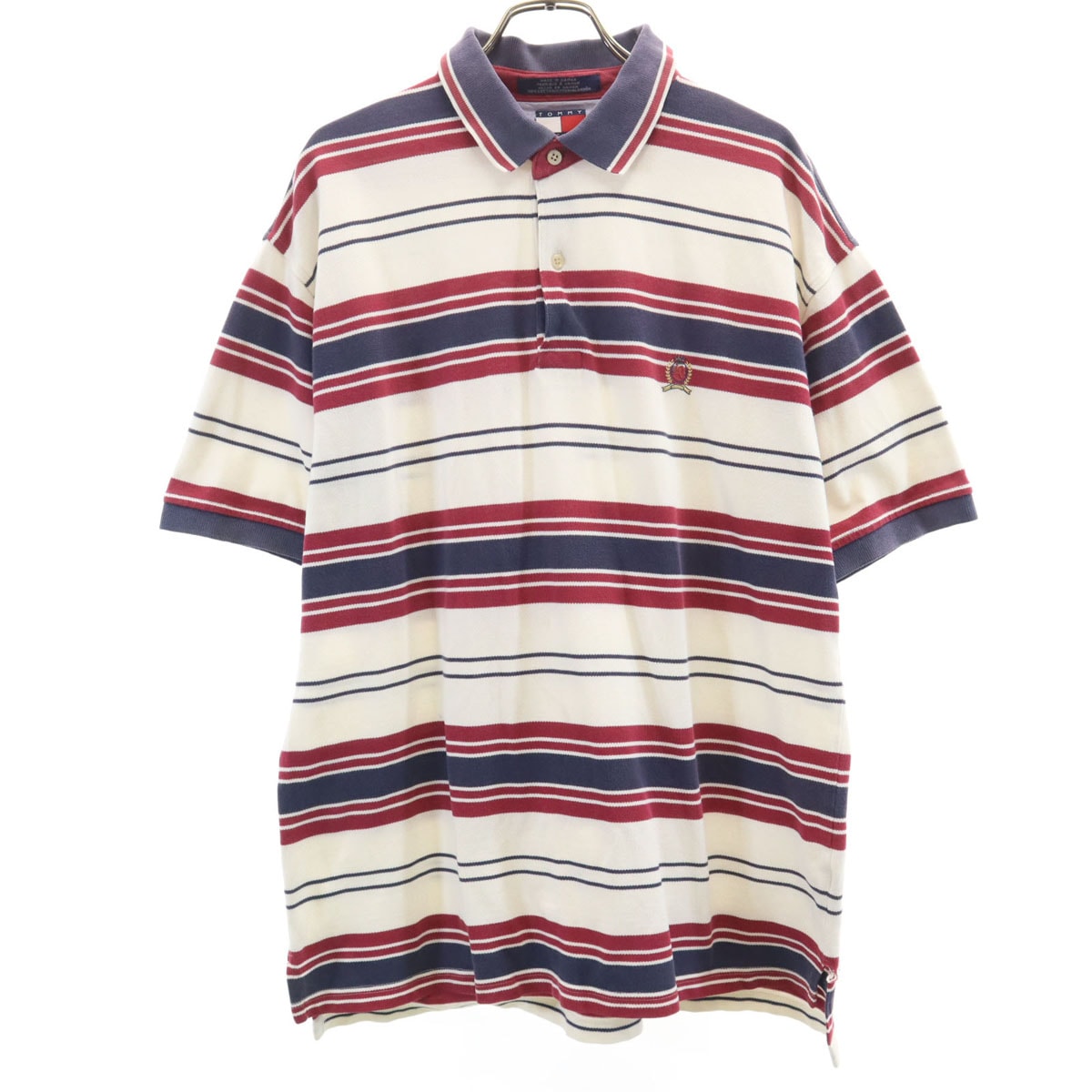 TOMMY HILFIGER トミーヒルフィガー 90s オールド ボーダー柄 半袖 ポロシャツ L ホワイト系 鹿の子地