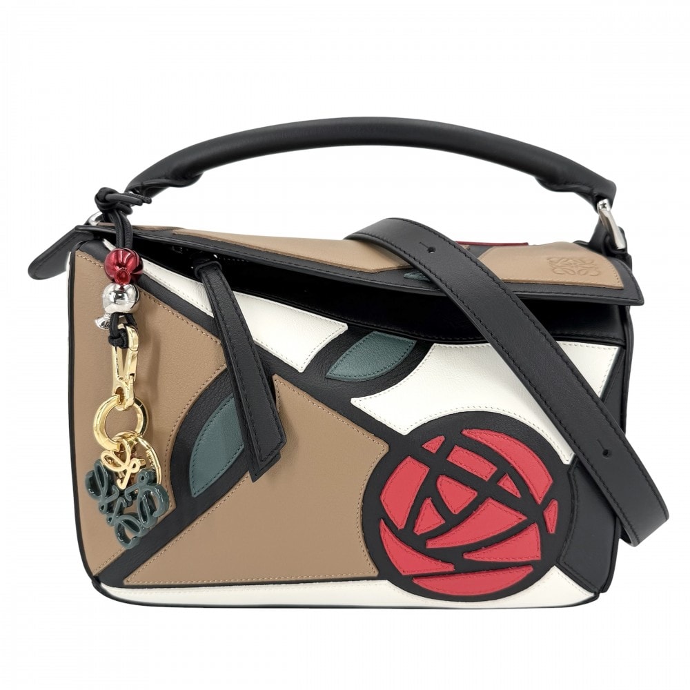 LOEWE ロエベ 2WAY 10周年記念 パズルバッグ ハンドバッグ ショルダーバッグ 肩掛け 斜め掛け マッキントッシュ 花 レザー ブラウン 茶 ブラック 黒 シルバー金具 レディース 美品【中古品】