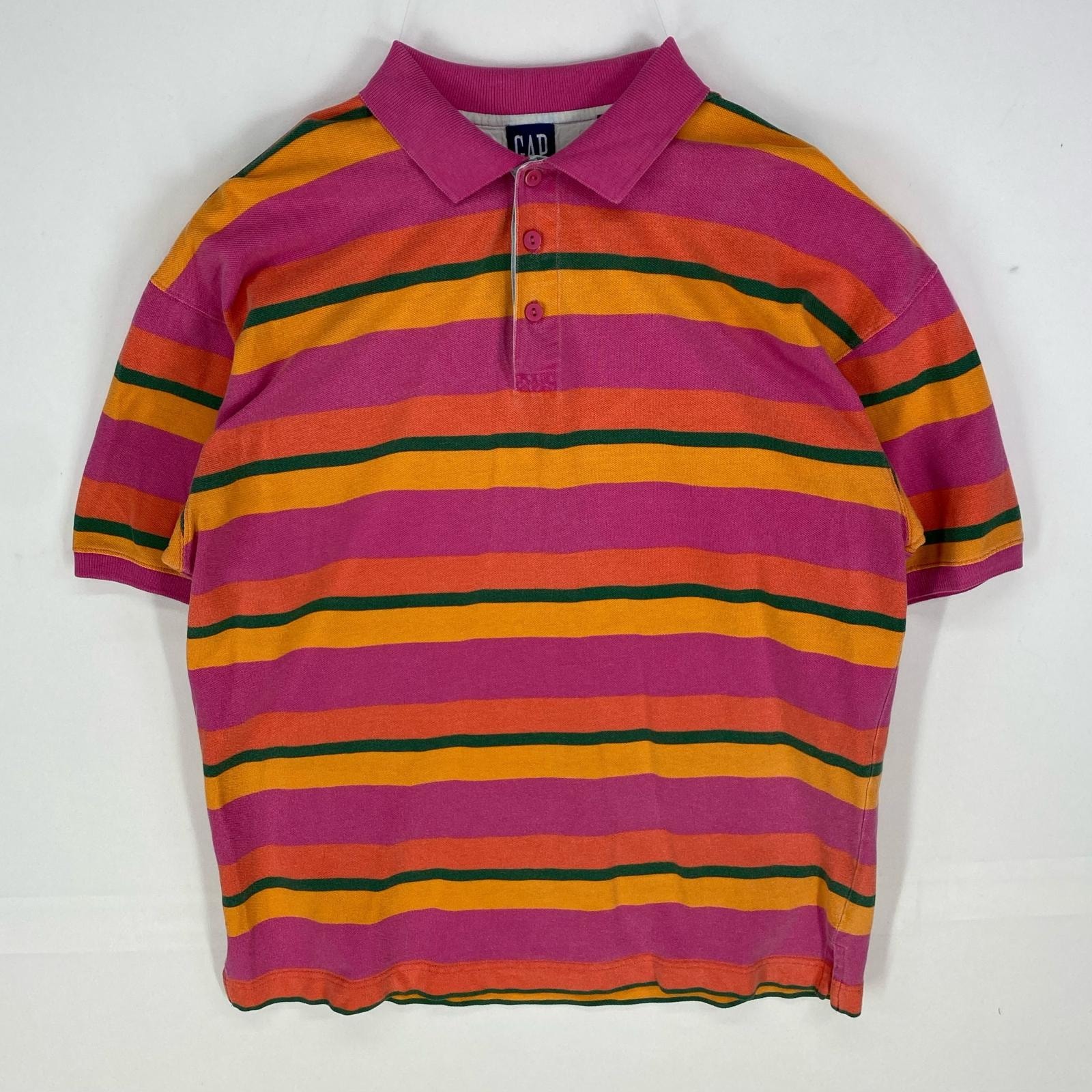 古着 90's/90年代 ギャップ GAP 鹿の子 半袖シャツ オールドギャップ ポロシャツ ハーフボタン ピンク系 ボーダー メンズ