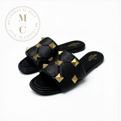 ヴァレンティノ VALENTINO サンダル 靴 シューズ レザー ブラック ゴールド 黒 未使用 ローマンスタッズ フラット ミュール