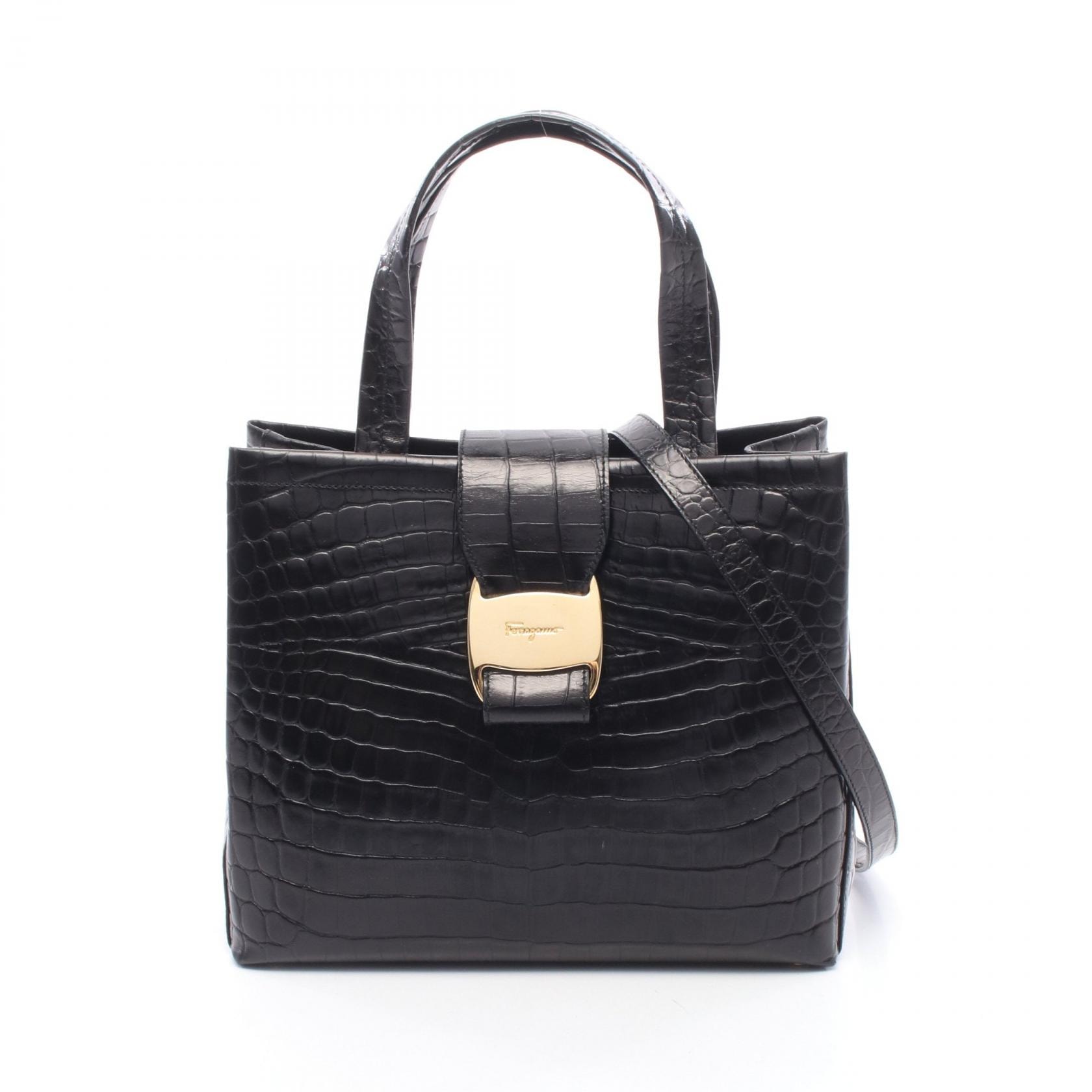 サルヴァトーレフェラガモ Salvatore Ferragamo ヴァラ クロコ型押し 2WAY ハンドバッグ バッグ レザー レディース ブラック系 【中古】