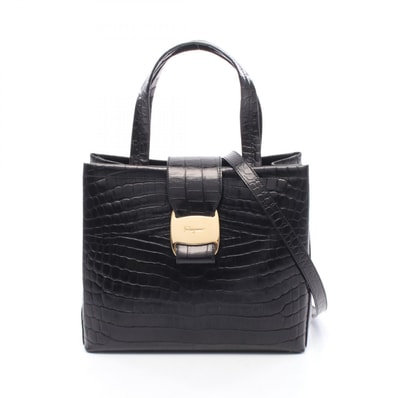 サルヴァトーレフェラガモ Salvatore Ferragamo ヴァラ クロコ型押し 2WAY ハンドバッグ バッグ レザー レディース ブラック系 【中古】