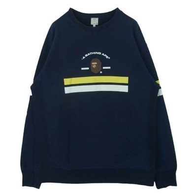 A BATHING APE アベイシングエイプ スウェット ラインロゴ クルーネック プリント スウェット ネイビー系 L【中古】