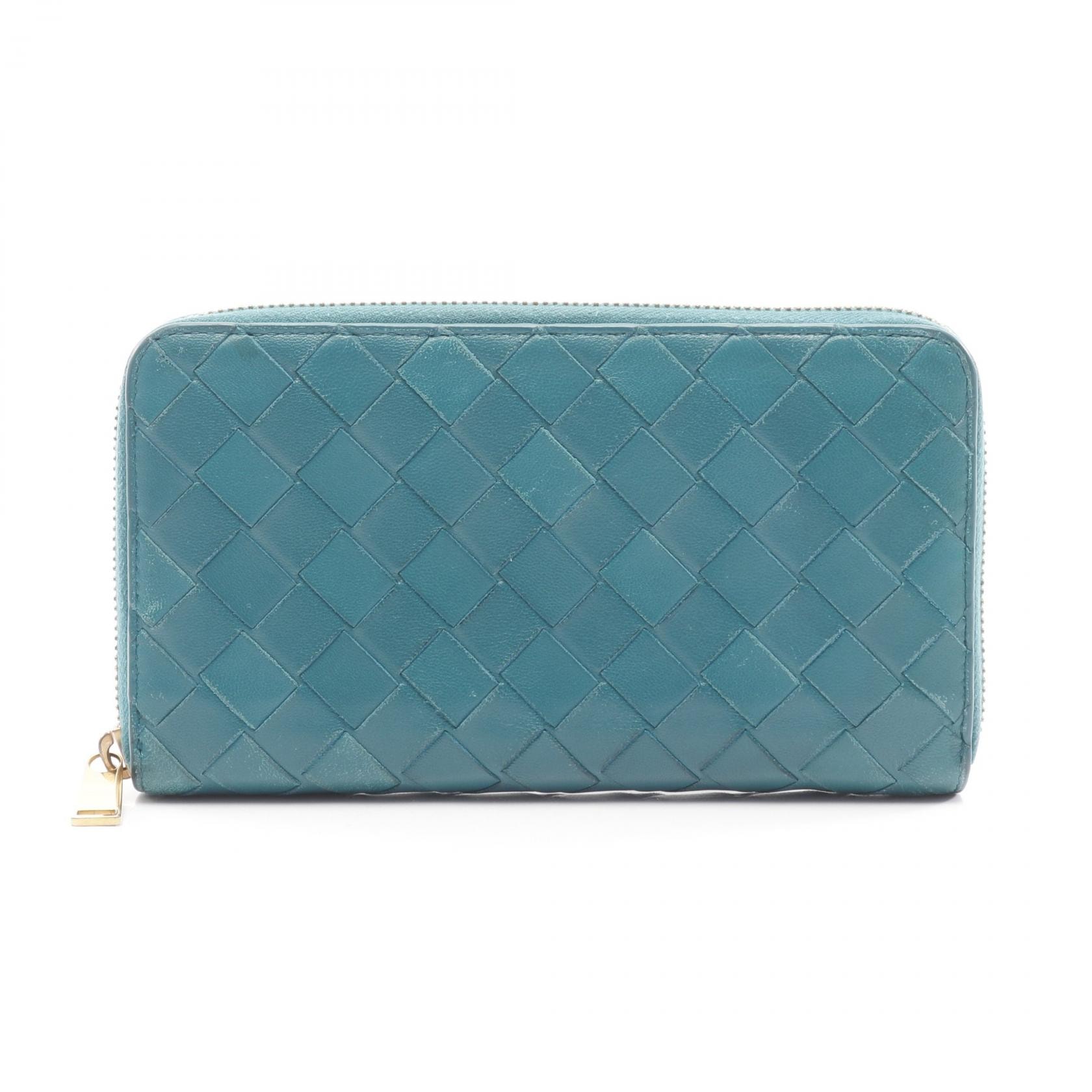 ボッテガヴェネタ BOTTEGA VENETA イントレチャート ラウンド長財布 財布 レザー メンズ レディース グリーン系 【中古】
