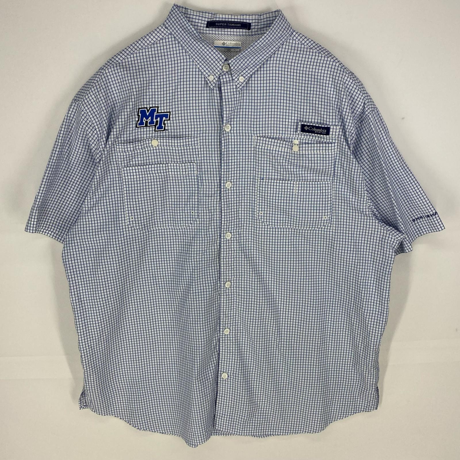 古着 コロンビア Columbia 半袖シャツ 胸ポケット PFG ワンポイントロゴ ワッペン ボタンダウン 大きいサイズ 2XL ブルー系 メンズ