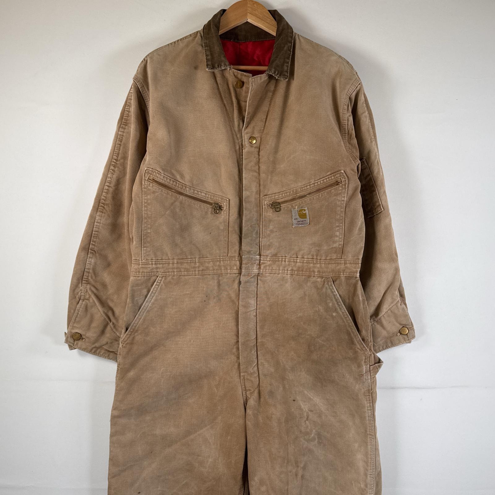 古着 70's/70年代 ヴィンテージ カーハート Carhartt 長袖つなぎ ダック地 ワーク 作業着 オールインワン 中綿 フェード ダメージ TALON  ベージュ メンズ