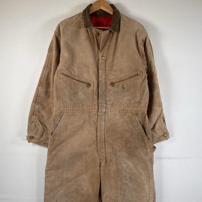 古着 70's/70年代 ヴィンテージ カーハート Carhartt 長袖つなぎ ダック地 ワーク 作業着 オールインワン 中綿 フェード ダメージ TALON ベージュ メンズ