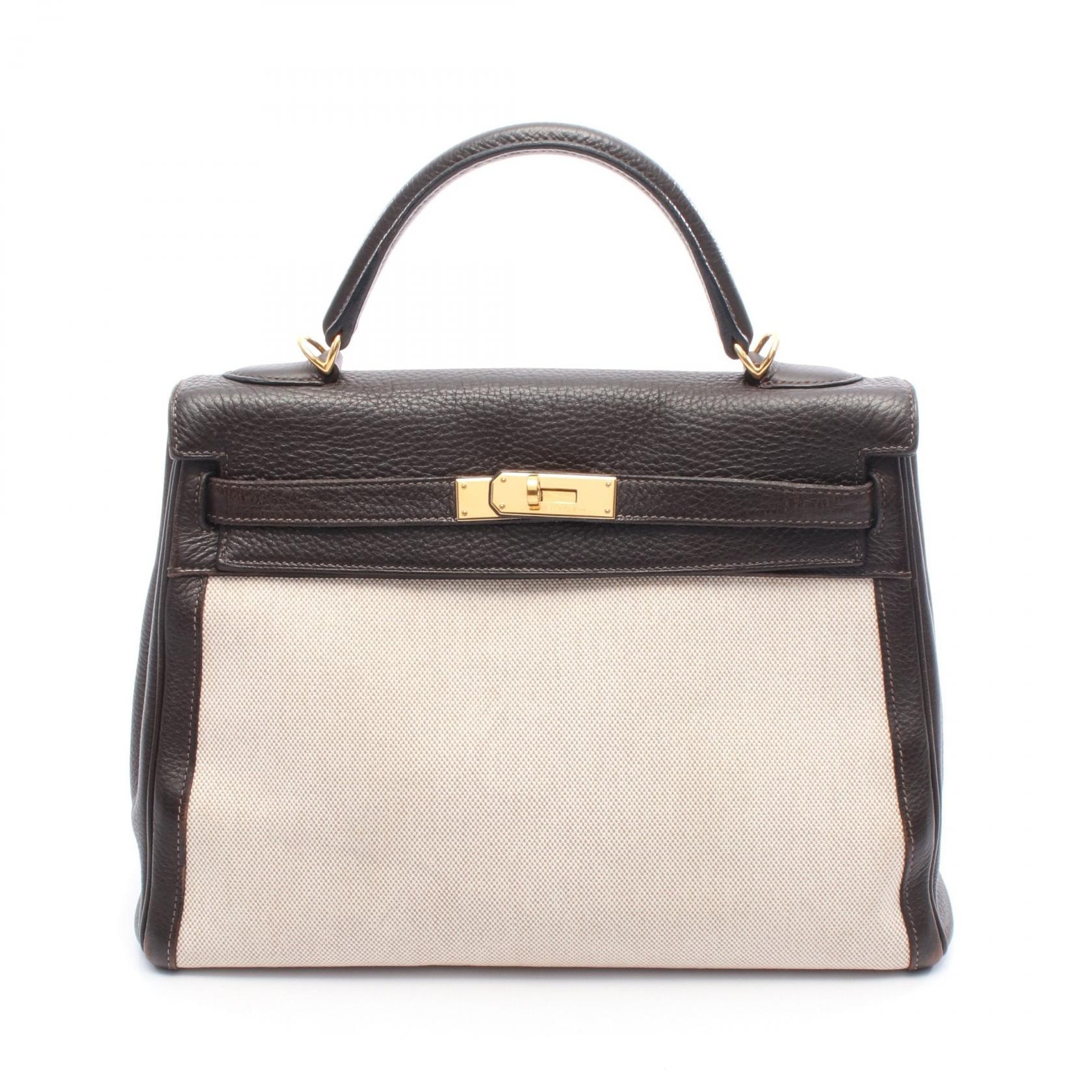 エルメス HERMES ケリー32 ハンドバッグ バッグ キャンバス レザー トワルアッシュ / トゴ トワルアッシュ エクリュ □K刻印(2007年製造) レディース ベージュ系 / ブラウン系 【中古】