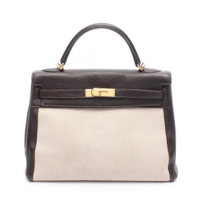 エルメス HERMES ケリー32 ハンドバッグ バッグ キャンバス レザー トワルアッシュ / トゴ トワルアッシュ エクリュ □K刻印(2007年製造) レディース ベージュ系 / ブラウン系 【中古】