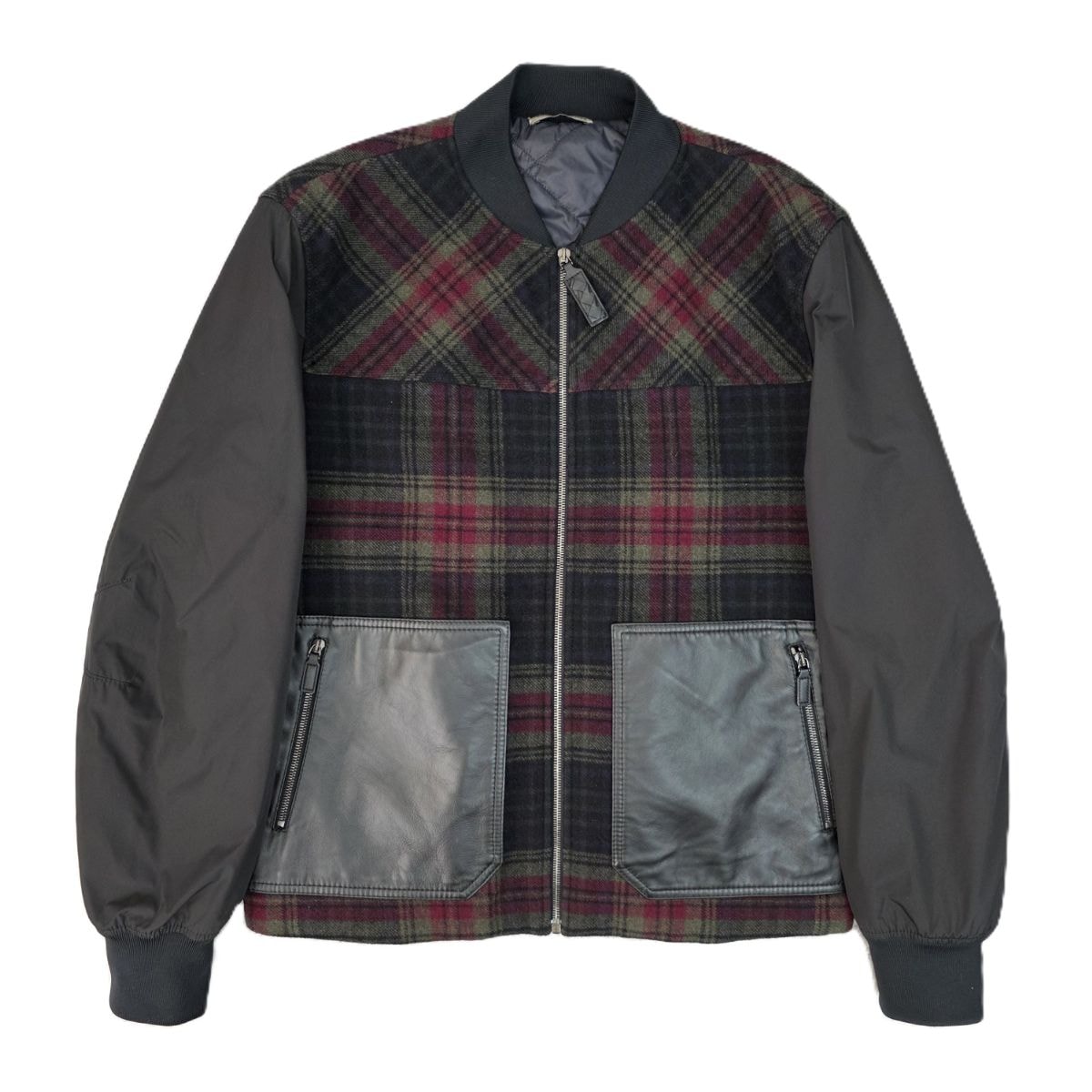 BOTTEGAVENETA ボッテガヴェネタ レザー×ウール×ナイロン 切り替え 中綿 ボンバージャケット ジップアップ チェック柄 ブルゾン 537977 XL ウール  メンズ【中古】